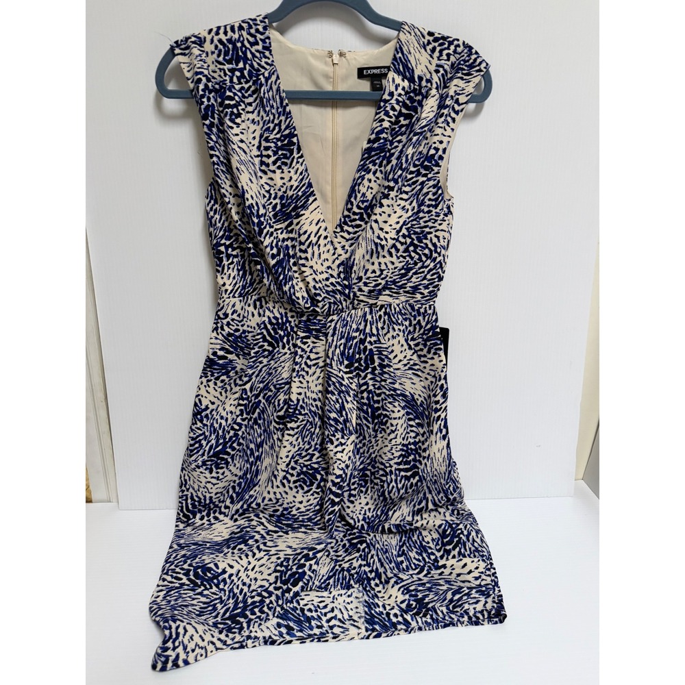 Express Womens Blue Cream Abstract Animal Print V-Neck Sheath Dress XS NWT
